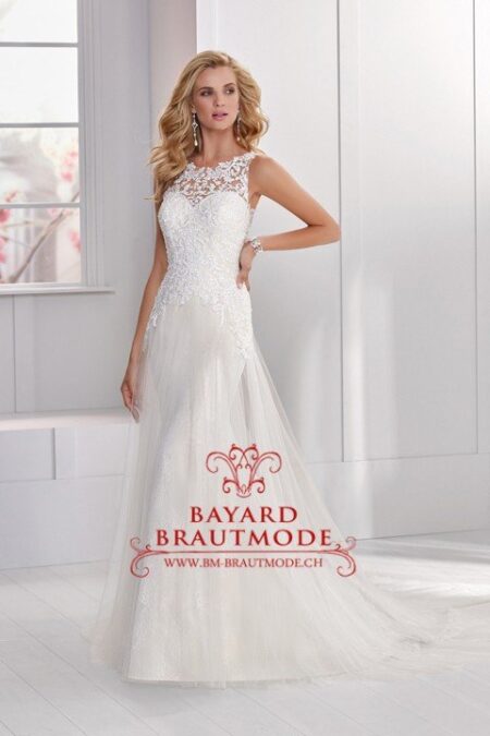 Hochzeitskleid Siebenen, ein ärmelfreies A-Linien Brautkleid mit Spitzenapplikationen