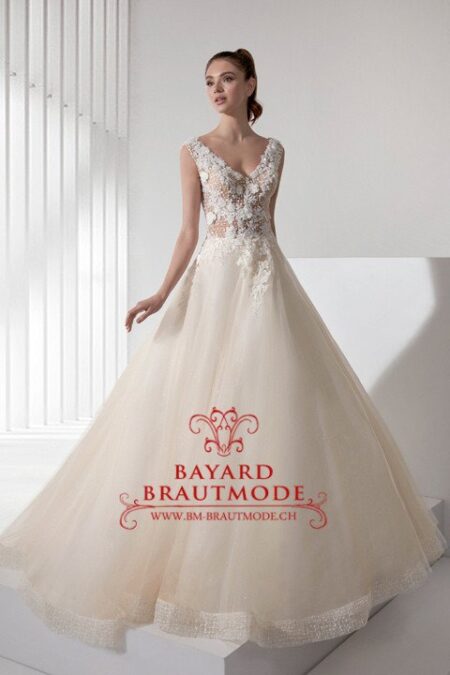 Brautmode Stans – Designer A-Linie-Hochzeitskleid mit V-Ausschnitt und breiten Träger
