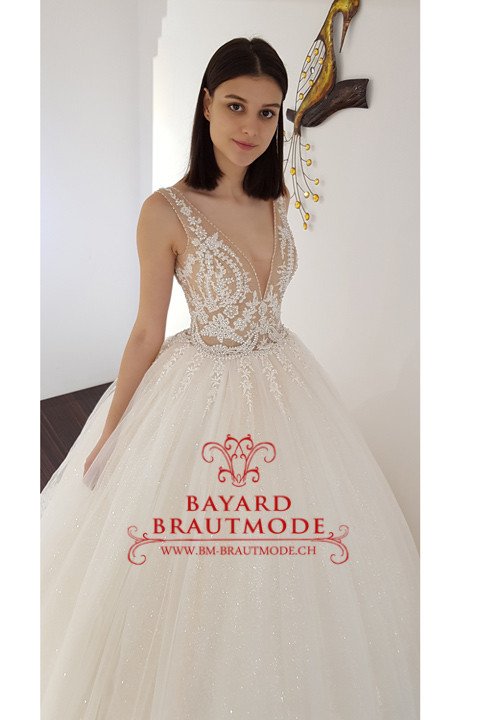 Designer-Hochzeitskleid-Biel mit V-Ausschnitt und Träger