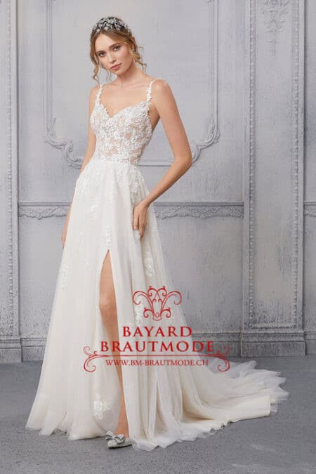 Brautmode Lugano – Boho-Hochzeitskleid in A-Linie mit gewagten Beinschlitz